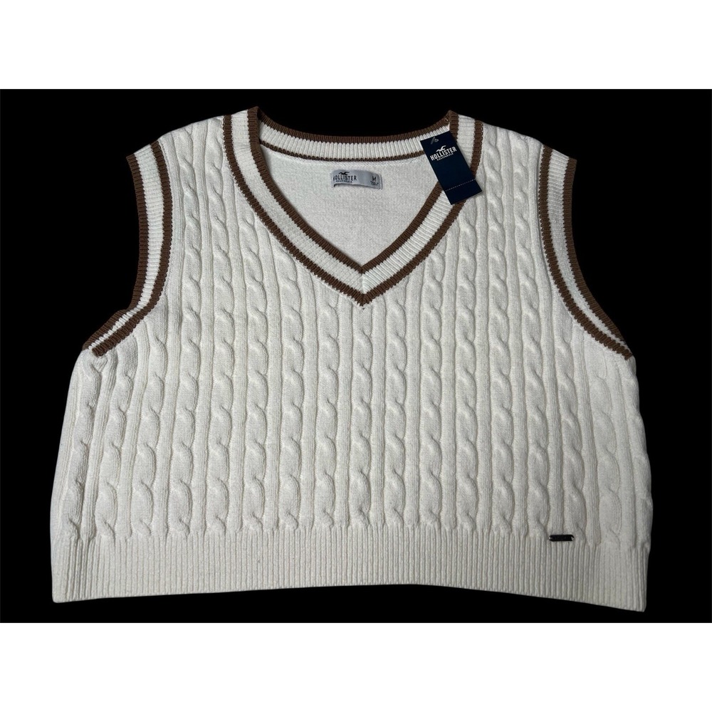 Hollister Womens Classic Preppy Casual Cropped Cable‎ Knit V Neck Sweater Vest M